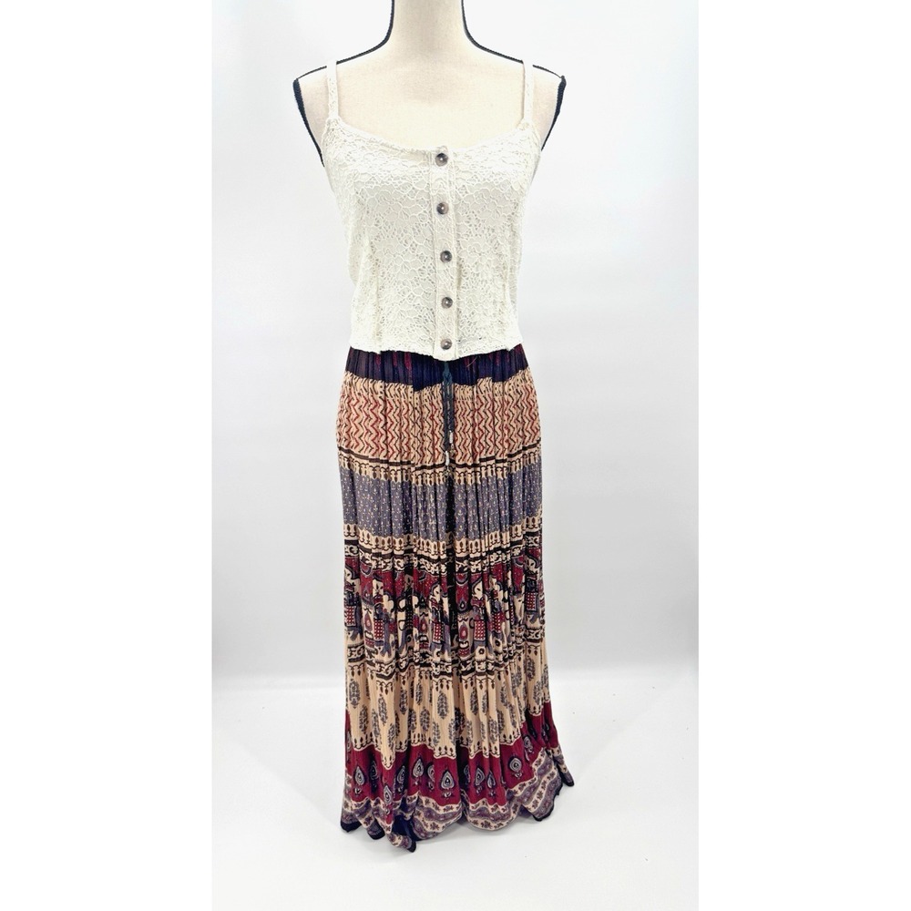VTG 90s Y2K Boho Drawstring Full Skirt L/XL Indian Block Print Hippie Festival